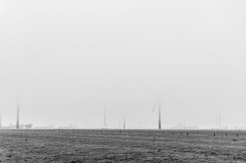 Windmühlen im Nebel